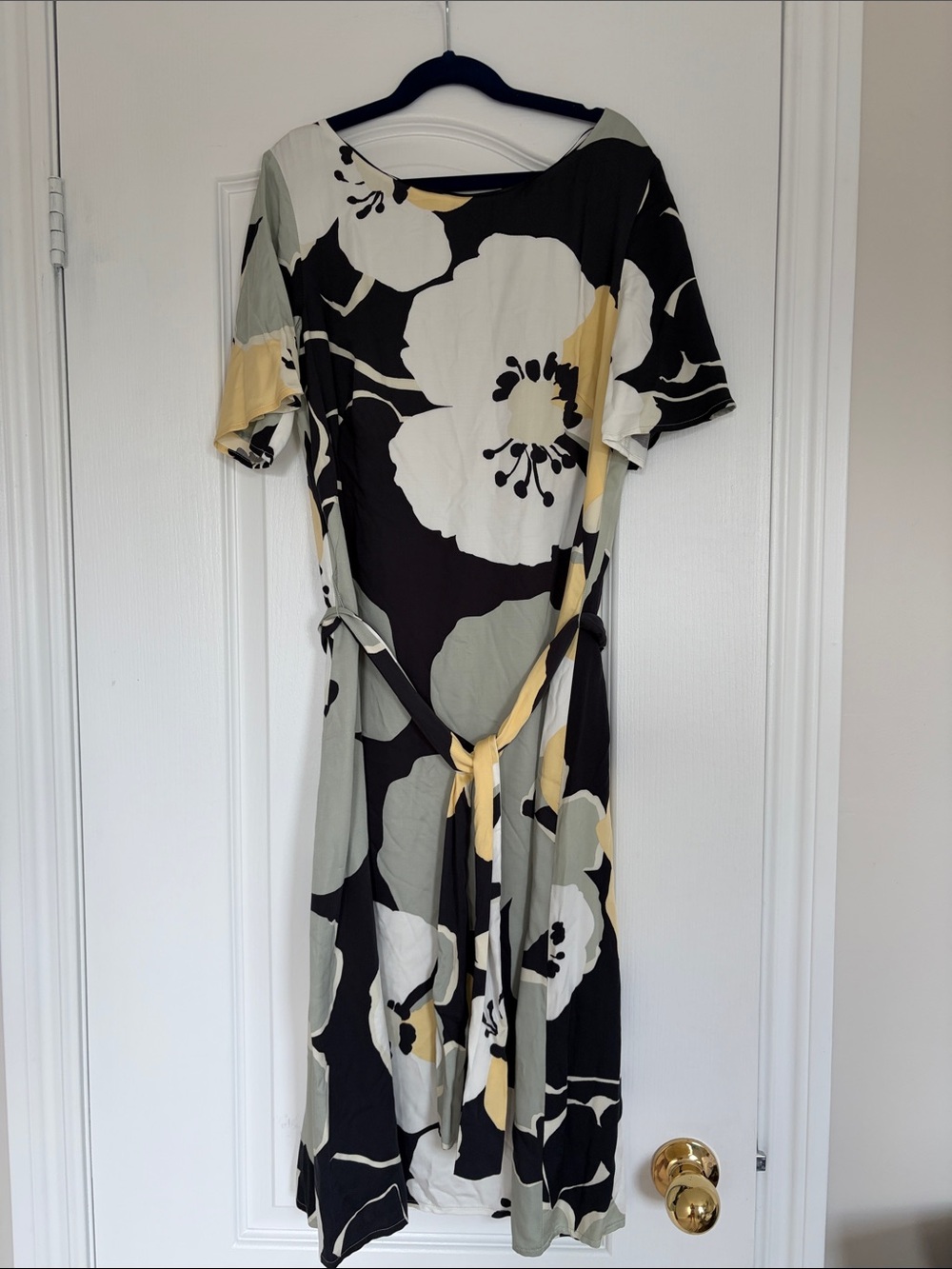 Esprit Black, White & Yellow Floral Tie-Waist Midi Dress